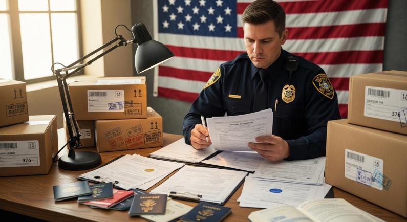 Agent des douanes examinant des documents internationaux avec un drapeau américain en arrière-plan.