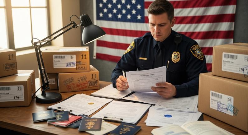 Agent des douanes examinant des documents internationaux avec un drapeau américain en arrière-plan.